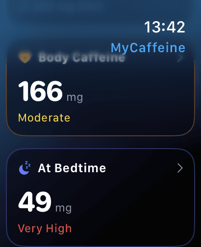 MyCaffeine Apple Watch screen showing body caffeine and bedtime projection